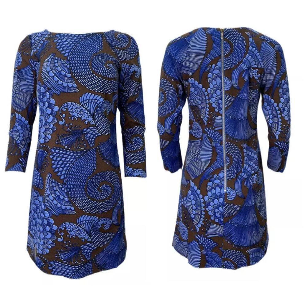 Elizabeth Mckay Asian Floral Long Sleeve Knee Length Sheath Dress Blue/Brown 4
